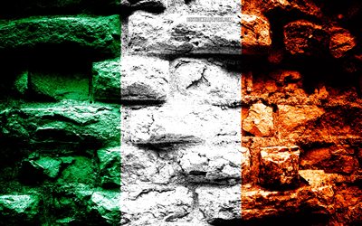 Ireland flag, grunge brick texture, Flag of Ireland, flag on brick wall, Ireland, Europe, flags of european countries