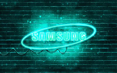 Samsung turquoise logo, 4k, turquoise brickwall, il logo di Samsung, brands, Samsung neon logo Samsung