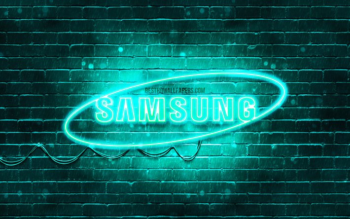 Samsung turkos logo, 4k, turkos brickwall, Samsung-logotypen, varum&#228;rken, Samsung neon logotyp, Samsung