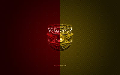 FC Arsenal Tula, Russian football club, Russian Premier League, red-yellow logo, red-yellow carbon fiber background, football, Tula, Russia, Arsenal Tula logo