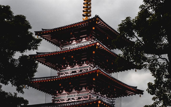 japanskt tempel, kv&#228;ll, sunset, japansk arkitektur, japansk byggnad