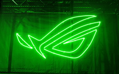 4k, RoG logotipo verde, Arte 3D, Republic of Gamers, grelha para plano de fundo, RoG neon logotipo, ASUS, criativo, RoG