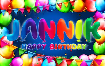 Happy Birthday Jannik, 4k, colorful balloon frame, Jannik name, blue background, Jannik Happy Birthday, Jannik Birthday, popular german male names, Birthday concept, Jannik