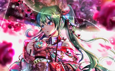 Hatsune Miku, abstrakti taide, Vocaloid Merkki&#228;, manga, kuvitus, Vocaloid, kimono, Miku Hatsune