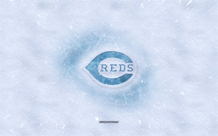 Rojos de Cincinnati logotipo, American club de b&#233;isbol de invierno conceptos, MLB, Rojos de Cincinnati logotipo de hielo, nieve textura, Cincinnati, Ohio, estados UNIDOS, nieve de fondo, Rojos de Cincinnati, b&#233;isbol