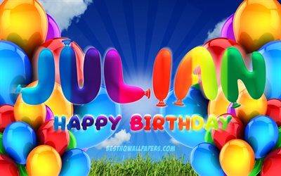 ジュリアンに嬉しいお誕生日, 4k, 曇天の背景, ドイツの人気男性の名前, 誕生パーティー, カラフルなballons, ジュリアンの名前, お誕生日おめでジュリアン, 誕生日プ, ジュリアンの誕生日, ジュリアン
