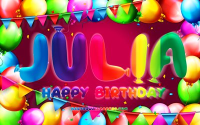 Happy Birthday Julia, 4k, colorful balloon frame, Julia name, purple background, Julia Happy Birthday, Julia Birthday, popular german female names, Birthday concept, Julia