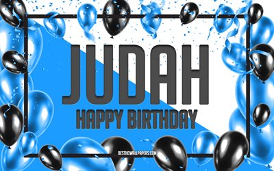 Joyeux Anniversaire Juda, Anniversaire &#224; Fond les Ballons, Juda, fonds d&#39;&#233;cran avec des noms, Juda Joyeux Anniversaire, Ballons Bleus Anniversaire arri&#232;re-plan, carte de voeux, carte de Juda Anniversaire