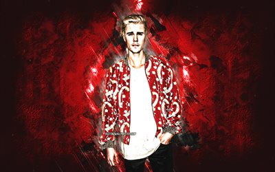 Justin Bieber, kanadensisk s&#229;ngare, portr&#228;tt, r&#246;da sten bakgrund, kreativ konst r&#246;da sten bakgrund