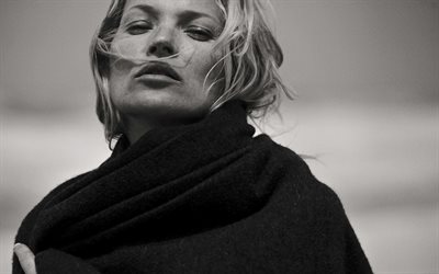 Kate Moss, イギリスを代表するファッションモデル, 肖像, モノクロ, 驚, ブラックドレス, イギリス人女優