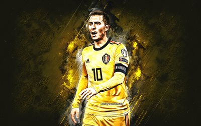 Eden Hazard, Belgian jalkapallomaajoukkue, Belgian jalkapalloilija, hy&#246;kk&#228;&#228;v&#228; keskikentt&#228;pelaaja, muotokuva, keltainen kivi tausta, jalkapallo