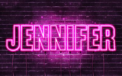 Jennifer, 4k, taustakuvia nimet, naisten nimi&#228;, Jennifer nimi, violetti neon valot, vaakasuuntainen teksti, kuva Jennifer nimi