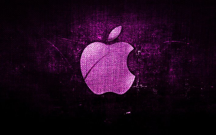 Apple lila logotyp, lila tyg bakgrund, Apple, kreativa, Apple denim logotyp, grunge konst, Apples logotyp