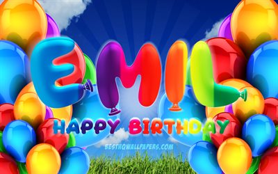 Emil Happy Birthday, 4k, cloudy sky background, popular german male names, Birthday Party, colorful ballons, Emil name, Happy Birthday Emil, Birthday concept, Emil Birthday, Emil