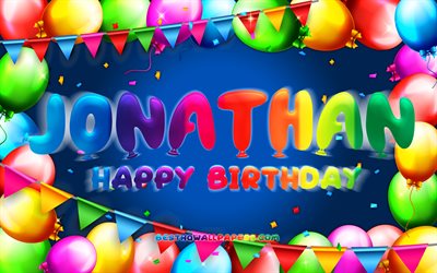Mutlu Yıllar Jonathan, 4k, renkli balon &#231;er&#231;eve, Jonathan adı, mavi arka plan, Jonathan Doğum g&#252;n&#252;n kutlu olsun, Jonathan Yıllar, pop&#252;ler Alman Erkek İsimleri, Doğum g&#252;n&#252; kavramı, Jonathan