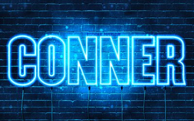 Conner, 4k, pap&#233;is de parede com os nomes de, texto horizontal, Conner nome, luzes de neon azuis, imagem com Conner nome