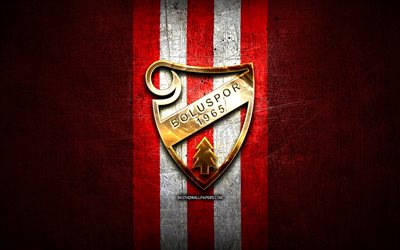 Boluspor FC, golden logo, 1 Lig, red metal background, football, Boluspor, turkish football club, Boluspor logo, soccer, Turkey