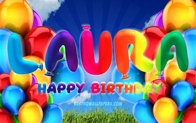 Laura Mutlu Yıllar, 4k, bulutlu gökyüzü arka plan, popüler Alman kadın isimleri, Doğum günü Partisi, renkli balonları, Laura adı, Doğum günün kutlu olsun Laura, Doğum günü konseptine, Doğum günü Laura, Laura