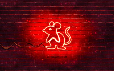 Ratti luci al neon, 4k, zodiaco cinese, rosso, brickwall, Ratto zodiaco, animali, segni, calendario Cinese, creativo, Ratto segno zodiacale, Zodiaco Cinese Segni, Ratto
