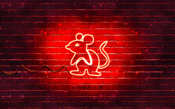 Rat neon sign, 4k, chinese zodiac, red brickwall, Rat zodiac, animals signs, Chinese calendar, creative, Rat zodiac sign, Chinese Zodiac Signs, Rat
