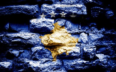 Kosovo bandera, grunge textura de ladrillo, la Bandera de Kosovo, de la bandera en la pared de ladrillo, Kosovo, Europa, las banderas de los pa&#237;ses europeos