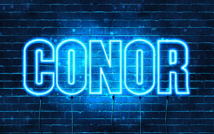 Conor, 4k, pap&#233;is de parede com os nomes de, texto horizontal, Conor nome, luzes de neon azuis, imagem com Conor nome
