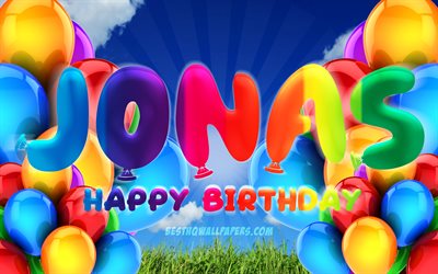 Jonas Happy Birthday, 4k, cloudy sky background, popular german male names, Birthday Party, colorful ballons, Jonas name, Happy Birthday Jonas, Birthday concept, Jonas Birthday, Jonas