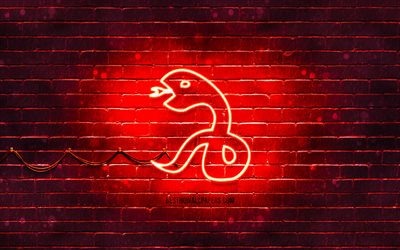 La serpiente letrero de ne&#243;n, 4k, zodiaco chino, rojo brickwall, la Serpiente del zodiaco, de los animales, signos, calendario Chino, creativo, Serpiente signo del zodiaco, Signos del Zodiaco Chino, la Serpiente