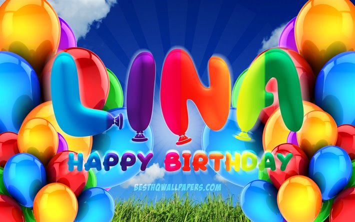 Lina Happy Birthday, 4k, cloudy sky background, popular german female names, Birthday Party, colorful ballons, Lina name, Happy Birthday Lina, Birthday concept, Lina Birthday, Lina