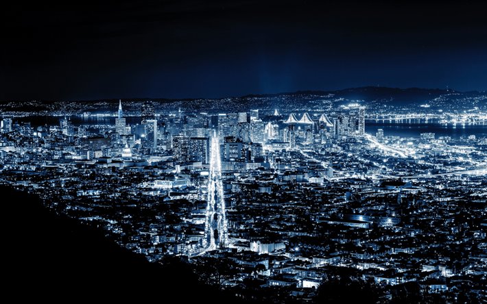 San Francisco, noite, luzes da cidade, paisagem urbana, metr&#243;pole, EUA