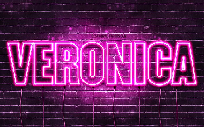 Veronica, 4k, wallpapers with names, female names, Veronica name, purple neon lights, horizontal text, picture with Veronica name