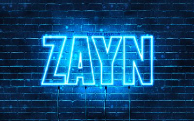 Zayn, 4k, fondos de pantalla con los nombres, el texto horizontal, Zayn nombre, luces azules de ne&#243;n, foto con Zayn nombre
