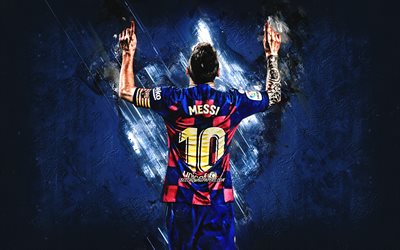 Lionel Messi, calciatore Argentino, FC Barcelona, in avanti, la pietra blu di sfondo, stella del calcio mondiale, la Catalogna, il calcio
