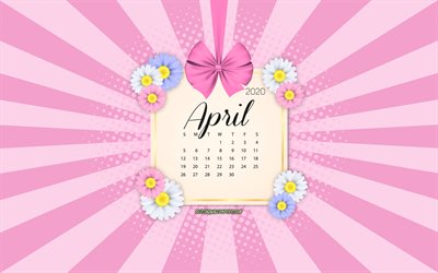 2020年までの月のカレンダー, ピンクの背景, 春2020年のカレンダー, 月, 2020年のカレンダー, 春の花, レトロスタイル, 月2020年のカレンダー, カレンダーの花