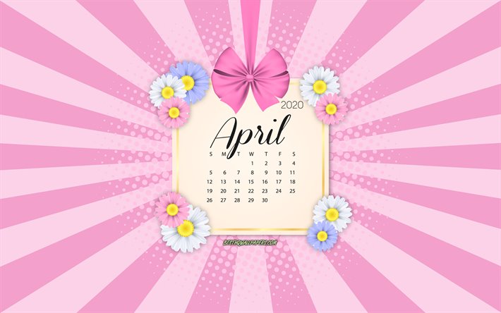 2020 Calendario di aprile, sfondo rosa, primavera 2020 calendari, aprile, 2020 calendari, fiori di primavera, stile retr&#242;, aprile 2020 Calendario, il calendario con i fiori