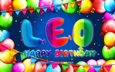 お誕生日おめでLeo, 4k, カラフルバルーンフレーム, Leo名, 青色の背景, レオスケ, レオ誕生日, ドイツの人気男性の名前, 誕生日プ, Ipad