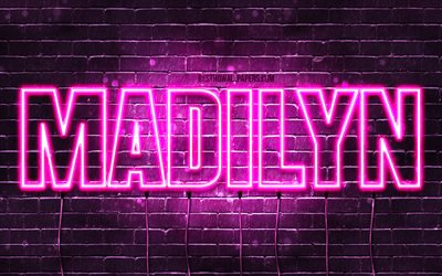 Madilyn, 4k, wallpapers with names, female names, Madilyn name, purple neon lights, horizontal text, picture with Madilyn name