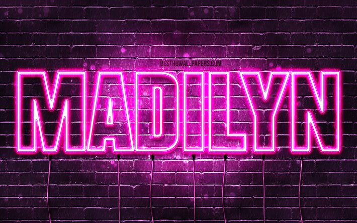 Madilyn, 4k, taustakuvia nimet, naisten nimi&#228;, Madilyn nimi, violetti neon valot, vaakasuuntainen teksti, kuva Madilyn nimi