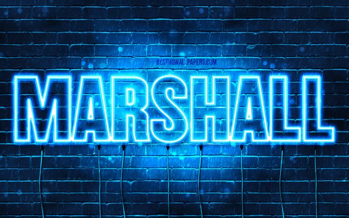 Marshall, 4k, pap&#233;is de parede com os nomes de, texto horizontal, Marshall nome, luzes de neon azuis, imagem com Marshall nome