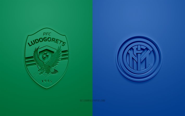 Ludogorets vs Inter Milan, UEFA Europa League, 3D logos, promotional materials, blue-green background, Europa League, football match, Inter Milan, PFC Ludogorets, Ludogorets vs FC Internazionale