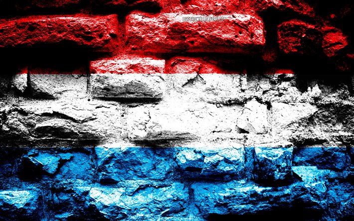 Luxemburgo bandeira, grunge textura de tijolos, Bandeira de Luxemburgo, bandeira na parede de tijolos, Luxemburgo, Europa, bandeiras de pa&#237;ses europeus