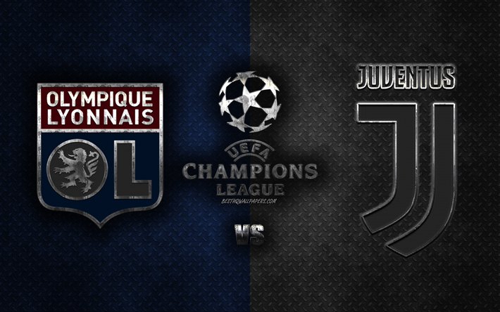 Olympique Lyonnais vs Juventus, UEFA Şampiyonlar Ligi, 2020, metal logoları, promosyon malzemeleri, mavi beyaz metal arka plan, Şampiyonlar Ligi, futbol ma&#231;ı, Olympique Lyonnais, Juventus