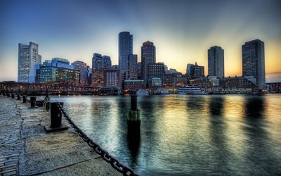 Boston, 4k, promenade, HDR, Massachusetts, USA, America, City of Boston, Cities of Massachusetts, american cities, Boston at evening