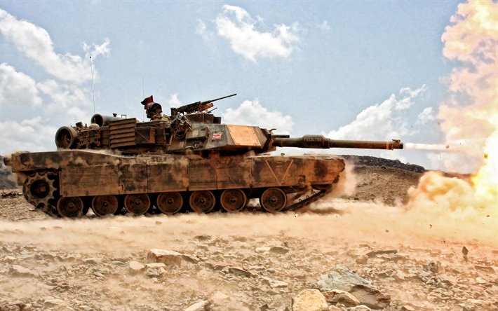 M1 Abrams, M1A1, NOUS char de combat principal, d&#233;sert, sable, camouflage, Arm&#233;e am&#233;ricaine, &#233;tats-unis, moderne, r&#233;servoirs