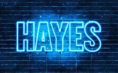 Hayes, 4k, pap&#233;is de parede com os nomes de, texto horizontal, Hayes nome, luzes de neon azuis, imagem com Hayes nome