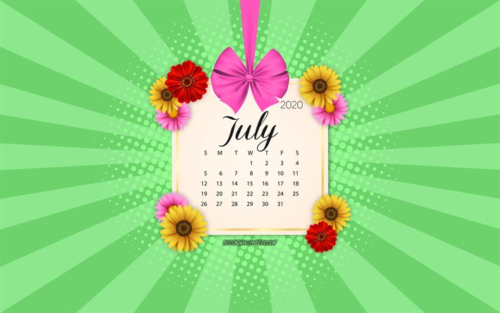 2020 July Calendar, green background, summer 2020 calendars, July, 2020 calendars, summer flowers, retro style, July 2020 Calendar, calendar with flowers