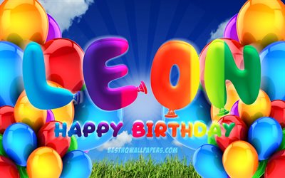 Leon Happy Birthday, 4k, cloudy sky background, popular german male names, Birthday Party, colorful ballons, Leon name, Happy Birthday Leon, Birthday concept, Leon Birthday, Leon