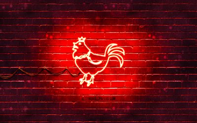 Rooster neon sign, 4k, chinese zodiac, red brickwall, Rooster zodiac, animals signs, Chinese calendar, creative, Rooster zodiac sign, Chinese Zodiac Signs, Rooster
