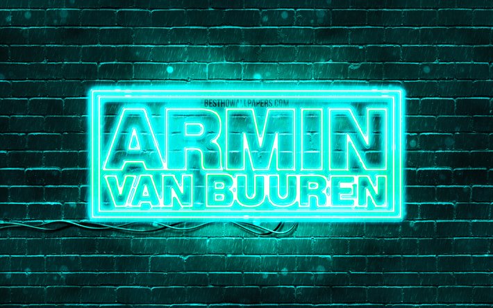 Armin van Buuren turkuaz logo, 4k, s&#252;perstar, Hollandalı dj, turkuaz, brickwall, Armin van Buuren logo m&#252;zik yıldızları, Armin van Buuren, neon logo