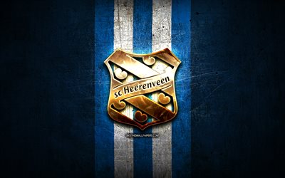 Heerenveen FC, kultainen logo, Eredivisie, sininen metalli tausta, jalkapallo, SC Heerenveen, Hollantilainen jalkapalloseura, Heerenveen-logo, Alankomaat